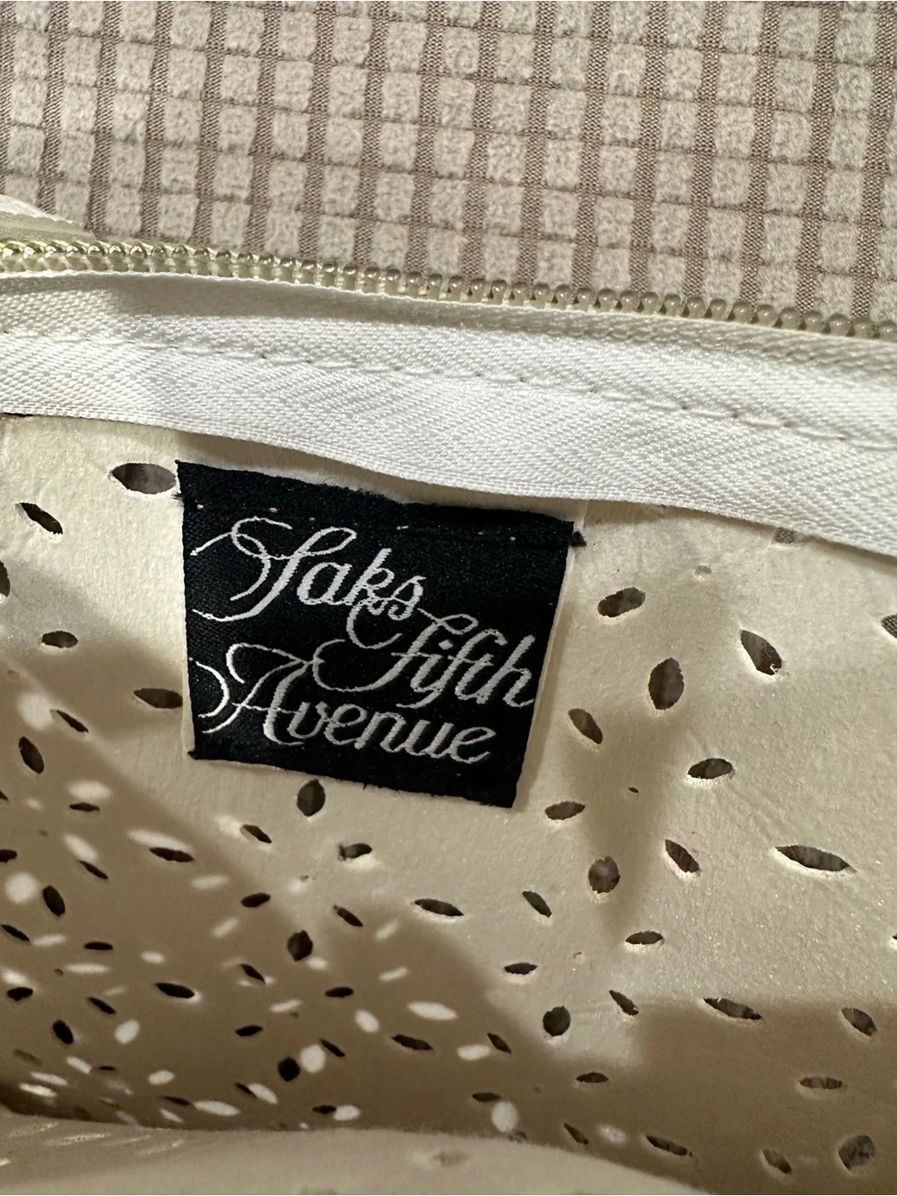 Saks 5th Ave White Laser-Cut Leather Cosmetic Pouch with detachable mirror